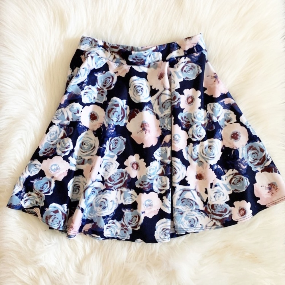 Frenchi blue and pink floral rose skirt skater